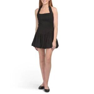 House Of Harlow Black Halter Smocked Linen Blend Bubble Hem Mini Dress Large
